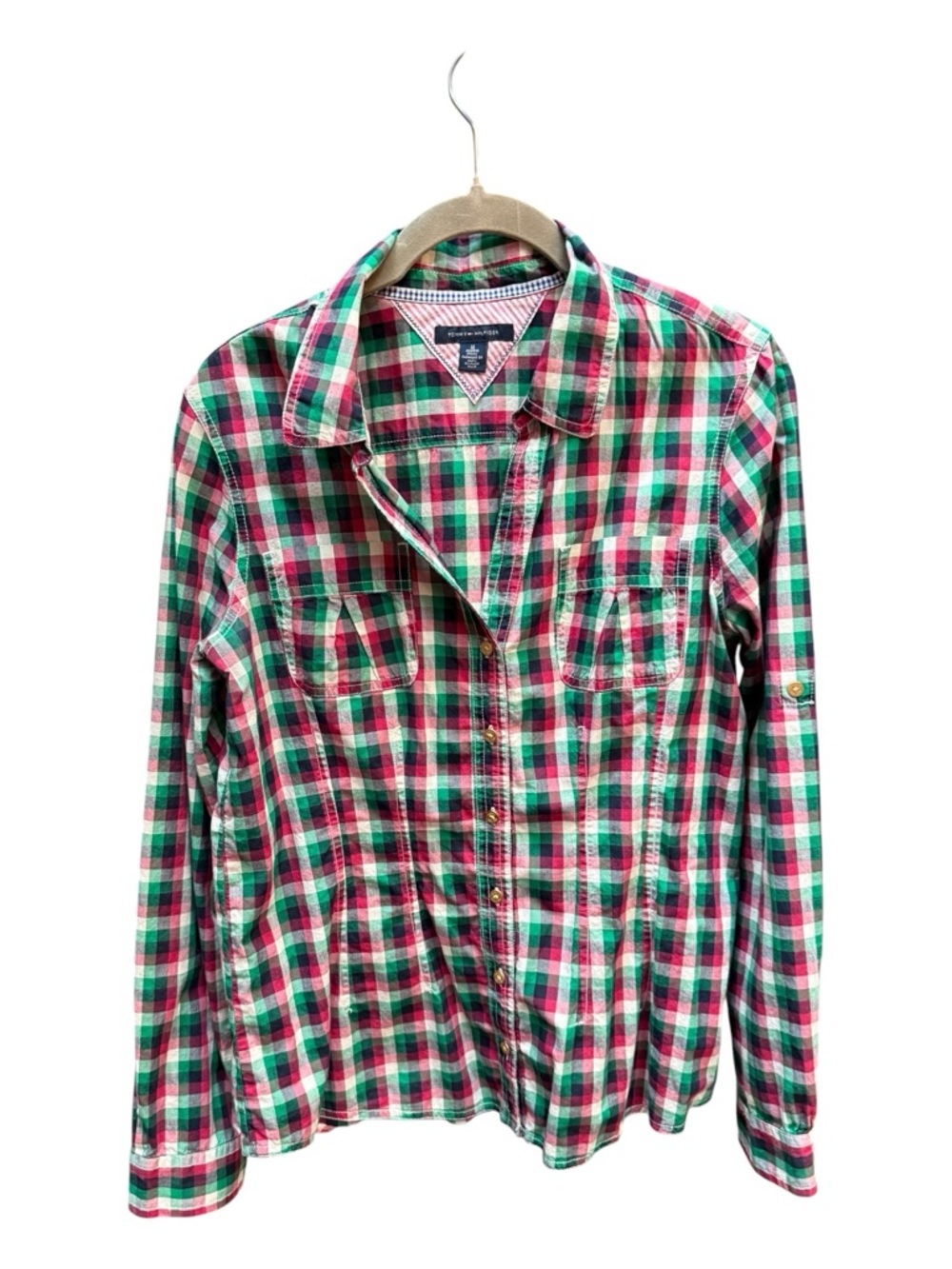 ❤️💚Tommy Hilfiger Plaid Button Up Shirt Women’s Medium Pink Green Long Sleeve
